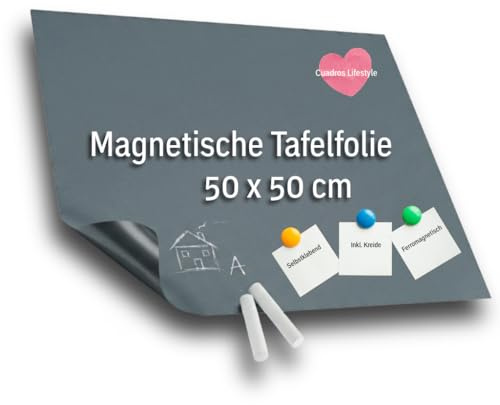 Tafelfolie 50 x 50 cm | Ferromagnetisch und Selbstklebende Vinyl- Kreidefolie | Magnetfolie | inkl. Kreide | Grau