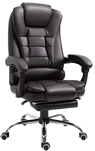 HOMCOM Executive Office Chair with Footrest, Ergonomic PU Leather Desk Chair with High Back, 145° Reclining, Thick Padded, Swivel Wheels for Home, Brown