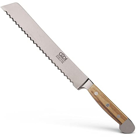 GÜDE Solingen - Brotmesser Links und Rechtshänder geschmiedet, 21 cm, Olivenholz, ALPHA OLIVE, Doppelkropf, Handmade Germany