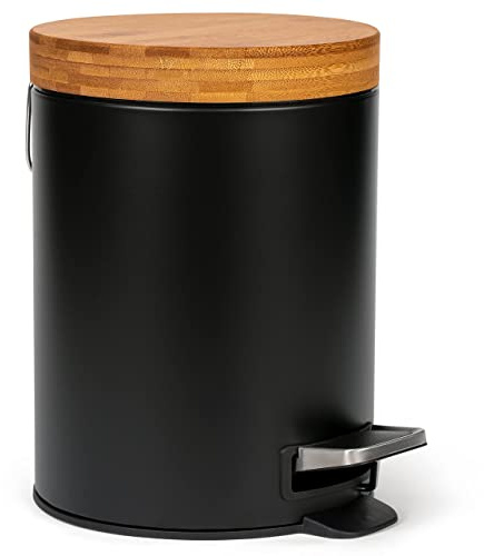 KAZAI.® 5 Liters Designer Badrum Avfallskärl - Superior Bambu | Mjuk Stängning | Finger fri | Svart
