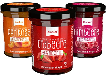 Xucker Marmelade Fruchtaufstrich Set, 3 Sorten Erdbeere, Aprikose & Himbeere (74% Frucht) mit Xylit, ohne Zuckerzusatz, vegan, zuckerarm - 3 x 220 g