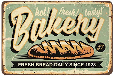 AOYEGO Bakery Tin Sign,Fresh Bread Daily Delicious Food Tasty Bake Vintage Metal Tin Signs for Cafes Bars Pubs Shop Wall Decorative Funny Retro Signs for Men Women 8x12 Inch