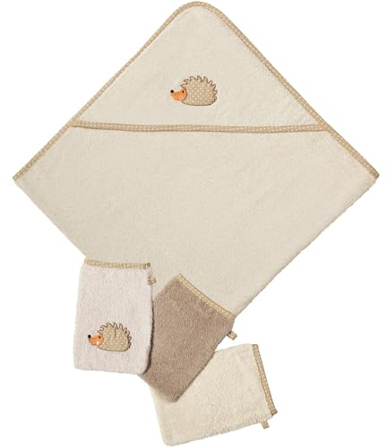 Erwin Müller Kinder Walk-Frottier-Set 4-TLG mit Igel-Motiv 1x Kapuzenbadetuch, 3X Waschhandschuhe Natur Größe - kuschelig weich, besonders schnell trocknend und saugstark