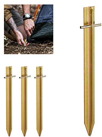 Relaxdays Heringe, Stahl, T-Profil, 30 cm lang, Öse, Gold | 4er Set Zeltheringe, stabil, schlagfest, Camping und Garten