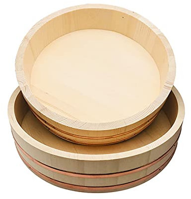 WSHA Sushi Rice Bowl Wooden Hangiri Sushi Oke Rice Mixing Tub Rice Container, for Sushi Restaurant - 2Piece,42x10cm