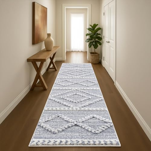 payé Teppich Läufer - Hochflor - Boho - Pastellgrau Creme - 80x300cm - Einfarbig - Modern Raute Muster - Skandinavisch Flauschig Weich - Wohnteppich Schlafzimmer Dekoration