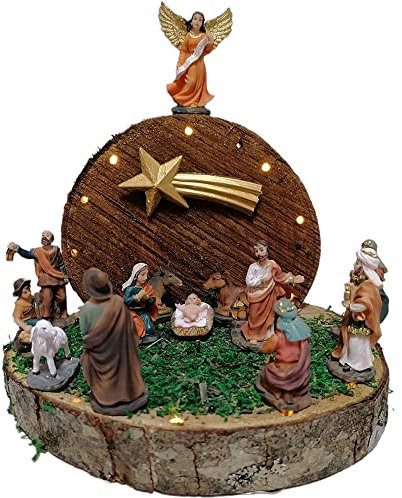 Grotta su Tronco di Natale con pastori luci natività Sacra Famiglia presepe casa addobbi Capanna Decorazioni Albero Idea Regalo