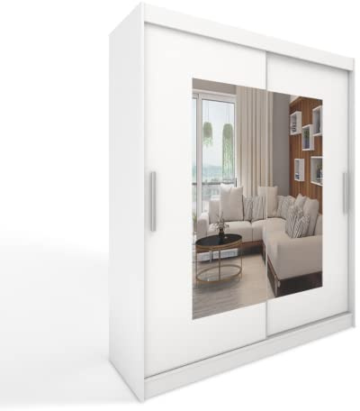 ML Furniture B7 Schiebetüren Kleiderschrank 180 x 215 x 58 cm mit Spiegel - Schlafzimmermöbel, Aufbewahrung - Mehrzweckschrank - Farbe: Weiß - 2 Schiebetüren