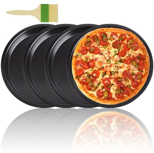 Teglia per Pizza Rotonda,Set da 4,ø 24cm-Teglia per Pizza In Acciaio Inox,con Rivestimento Antiaderente-Portata per Pizza Adatto Alla Panificazione,Al Forno,Dotato di una Spazzola per Olio