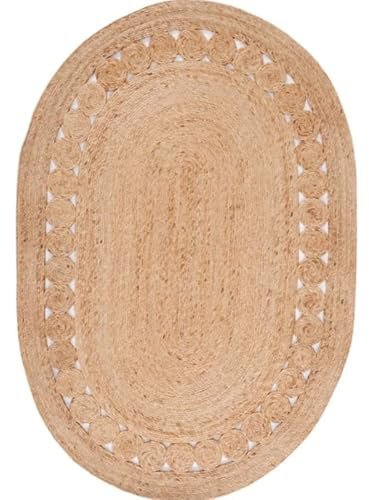 Jaipur Art And Craft Beigefarbener, ovaler, natürlicher Jute-Teppich, handgeflochtener, wendbarer Bodenteppich, Teppichgröße – (6x9 Quadratfuß), (72x108 Zoll), (180x270 cm)