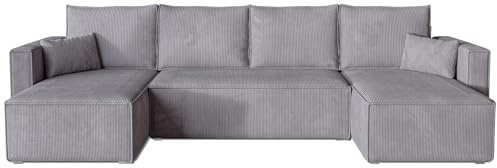 BROMARKT Ecksofa mit Schlaffunktion Hellgrau Sofa mit Bettkasten U Form | Wohnlandschaft Eckcouch Freistehend Couch Polstercouch Schlafsofa Schlafcouch Stauraum 305 cm Breite 5 Sitzer Stoff Cord