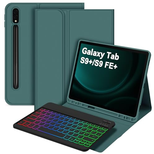 Bettdow für Samsung Galaxy Tab S10+/S10 Plus Tastatur Hülle, QWERTZ Layout Abnehmbarer Beleuchtete Tastatur mit Hülle für Tab S10+/S9+/S9 Plus/S9 FE+/S9 FE Plus 12.4 Zoll, Dunkelgrün