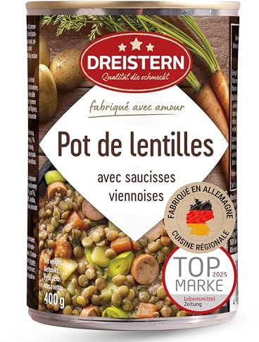 DREISTERN Guiso de lentejas 400 g I Con salchichas vienesas & verduras I Estofado sabroso en lata reciclable I Larga duración gracias a la conservación natural I Calidad casera