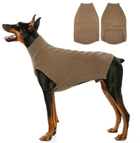 Katzinst Hunde Strickpullover, Hund Pullover für Große Hunde, Strickwaren Pulli Hund, Dickes Material Hundepullover für Winter, Fleece Hundepullover für Dobermann, Khaki, 2XL