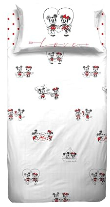 Mickey y Minnie Mouse - Juego de sábanas para Cama Individual, Juego de sábanas Individual para niños, sábana encimera, sábana Bajera Ajustable, Funda de Almohada, Blanco, 100% algodón, Producto