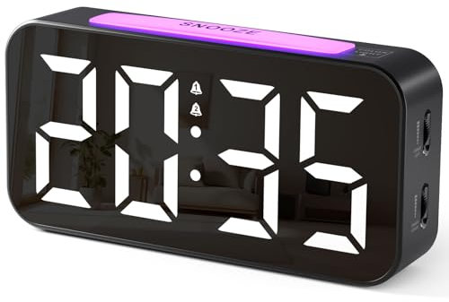 HOMVILLA Alarm Clock with 9 Color LED RGB Night Light, Mains Powered Alarm Clocks Bedside, Digital Clock with Adjustable Brightness and Volume, Dual Alarm, Snooze, USB Charging Port