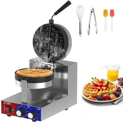 HTTSICHI Commercial Waffle Maker - Belgian Waffle Maker w/Non-stick Baking Pan and 550℉ Heating, 1200W Rotating Waffle Iron for 1.2 Thick, Stainless Steel Round Waffle Machine for Restaurant