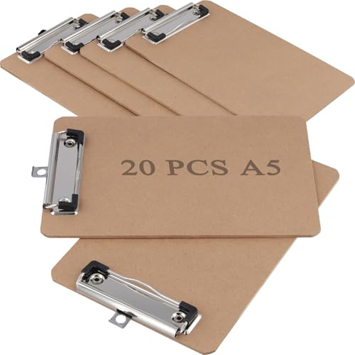 MAKTSAM 20 portapapeles A5, tableros de clip de tablero duro, carpetas de portapapeles marrón con gancho para colgar y clip de metal estable para oficina, restaurante, hogar