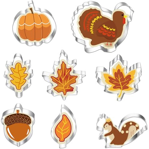 BDSHUNBF 8 Stück Herbst-Ausstechformen, Thanksgiving-Keksausstecher-Set, mit Ahornblättern, Kürbis, Eichhörnchen, Eichel, Truthahn-Muster, für Herbst-Party, Backen