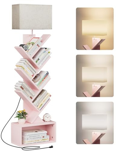 Evermagin Libreria ad albero a 6 livelli con luce, torre stretta, scaffale alto, organizer per libri, armadietto, per soggiorno, camera da letto e ufficio domestico, rosa
