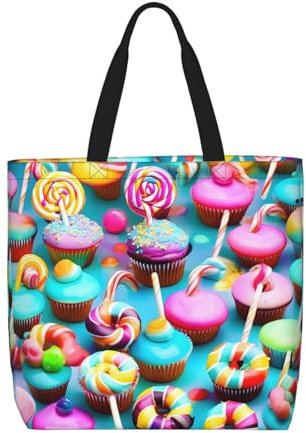 BREAUX Borsa tote da donna colorata con stampa dolce lecca-lecca cupcake ciambella grande capacità, leggera, chiusura a cerniera tote bag per le donne, nero, Taglia unica