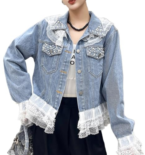 Suncadmious Giacca in denim monopetto primaverile da Donna con risvolto bordo in pizzo con tasche giacca in denim corta giacca in denim casual con perle