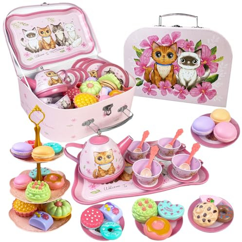 Tea Party Set for Little Girls, Pretend Play Tea Party Set Tea Set for Toddlers Kitchen Toy with Teapot Cup Plate Carrying Case for Birthday Easter Gift Kids Toddler Age 3+ (Cat)