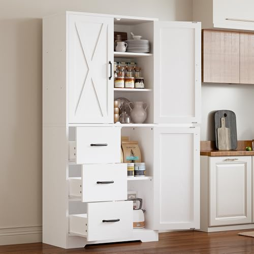 IRONCK Pantry Cabinet, 67.5 inch Tall Storage Cabinet with 3 Doors & Drawers, Farmhouse Kitchen Cabinet with Adjustable Shelves, 5 Tier Freestanding Cupboard for Kitchen