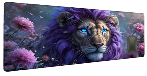 XXL musmatta lila 800 x 300 mm spelmusmatta lejon, musmatta kontor skrivbordstillbehör, vattentät musmatta med halkfri gummibas sydda kanter matta skrivbord kontor X-8