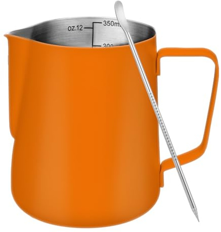 Amrules Milk Frothing Pitcher 12oz Frother Cup Barista Tools, Orange | 18/8 Stainless Steel, 12oz Capacity with Clear Scale, with Decorating Pen, Ergonomic Handle, for Cappuccino, Latte & Espresso