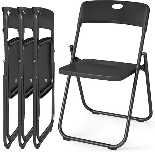 Asdsed Sedie Pieghevoli di Plastica con Robusto Telaio in Acciaio, Portata Fino a 160 kg, Sedie Pieghevole per Soggiorno, Esterno, Campeggio, Balcone, Cucina, Ufficio, Set di 4, Nero