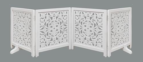 Lightnpro Foldable Carved Wooden Dog Gate 72 Inch - Pre Assembled Freestanding Indoor Pet Barrier for Home, Adjustable Dog Fence for Stairs, Doorways & Hallways - 24x18 Inch (4 Panels) Antique White