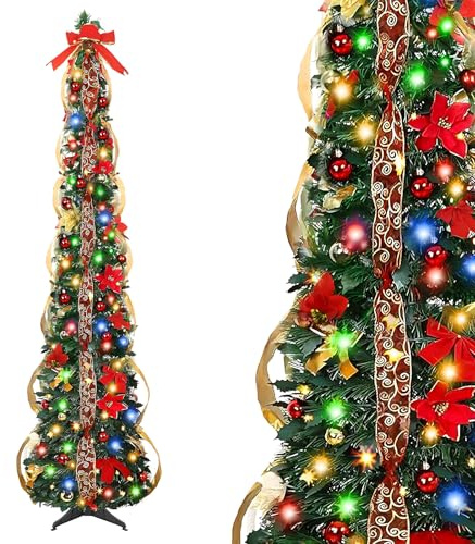 6Ft/180cm Pop Up Christmas Tree with Lights, Collapsible Artificial Christmas Tree, Xmas Tree for Christmas Decoration, Home Office Party Decor, Indoor Display