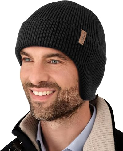 FURTALK Winter Beanie Hat Men with Earflap Warm Fleece Lined Knitted Thermal Hat Outdoor Caps, Black
