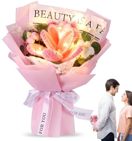 ZONJIE Bouquet di fiori all'uncinetto, realizzato a mano, realizzato a mano, tulipani artificiali rosa, regali per mamme, ragazze, insegnanti, donne, amici, laurea, festa della mamma, anniversario