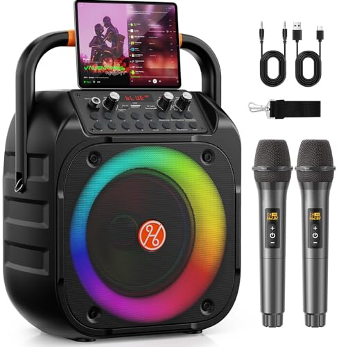 HWWR Máquina Karaoke Adultos, Karaoke Bluetooth portátil con 2 micrófonos inalámbricos, Ajuste Eco, Luces DJ, PA Sistema Altavoces Karaoke con Soporte TV/Rec/AUX/USB/TF Subwoofer 6,5 Pulgadas