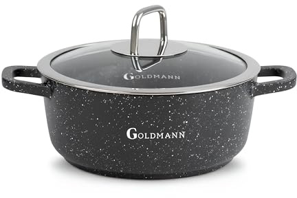 GOLDMANN Premium Gussaluminium Kochtopf 20 cm (2,3 L) – Keramik-Marmor Antihaft-Kasserolle mit Glasdeckel, geeignet für alle Herdarten inklusive Induktion, PFOA-frei & spülmaschinengeeignet