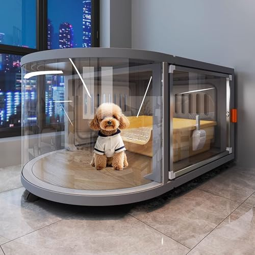 Hundetransportbox Hundebox Schrank Transparentes Design Harz und Massivholz Extragroßes Haustierhaus Obere Ablage Lenkrollen for Kleine und Mittelgroße Hunde(Gray)