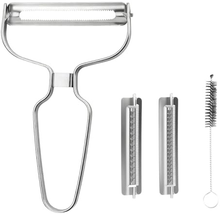 Pelador de Verduras en Juliana, Pelador de Acero Inoxidable,para Pelar Frutas y Verduras,Cocina Premium, Ultra Afilado,Incluye 2 cuchillas reemplazables y un cepillo，Color Plata