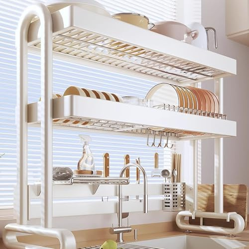 1-2 nivåer rostfritt stål dräneringsställ för diskbänken, dräneringsställ med bestickhållare, dräneringsställ för köksbänkskivan, disksil för köksbänkskivan (dubbla lager, 75 cm)