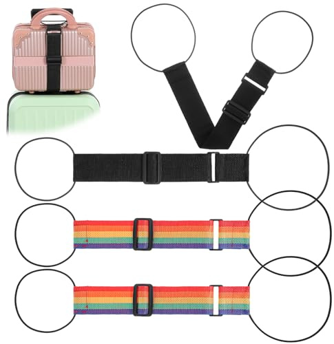 4 Pack Adjustable Luggage Straps Suitcase Belt for Add a Bag, Lightweight Easy Elastic Wrap Belts for Attaching Extra Bags, Luggage Straps Bag Bungee, Travel Accessories(Black/Rainbow)