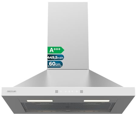 Cecotec Campana Extractora Piramidal 60 cm Bolero Flux PT 604400 Inox A+++. Cristal Frontal en Blanco, Succión 449,5 m³/h, Control Táctil Invisible, Función Booster, Filtros Lavables, Clase A+++