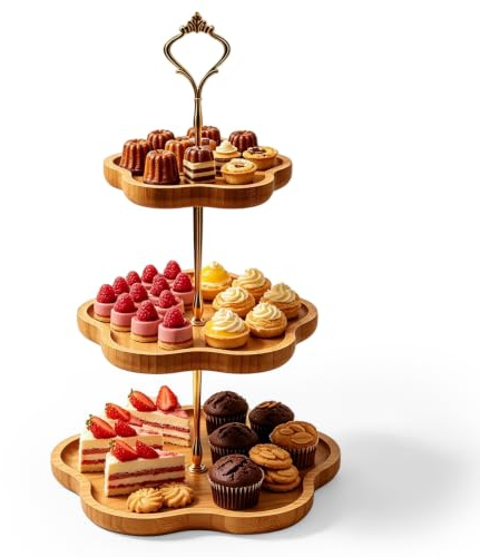 Etagere 3 Etagen Aus Holz, 3-Stöckiger Kuchenständer, Cupcake Ständer Holz, Ø19,5cm Ø24.5cm Ø30,5cm, Holz Etagere Mit 3 Ebenen Und Blumenform Design Für Cupcakes, Desserts,Party, Zuhause, Geburtstag