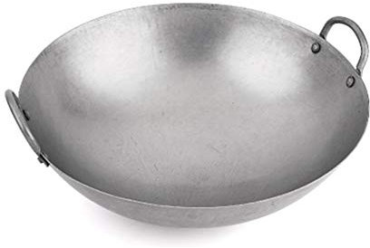 Sartén Wok De Hierro Fundido, Wok De Fondo Redondo De Acero Al Carbono - Con 2 Asas De Lazo/Hecho A Mano De Hierro, Conductividad Térmica Rápida, Plata,56cm(22.05)