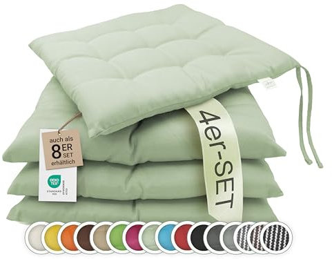 ZOLLNER 4er Set Sitzkissen in 40x40cm - gemütliche Stuhlkissen mit Bindebänder - waschbar bis 30°C - in lindgrün - Oeko Tex® Zertifiziert