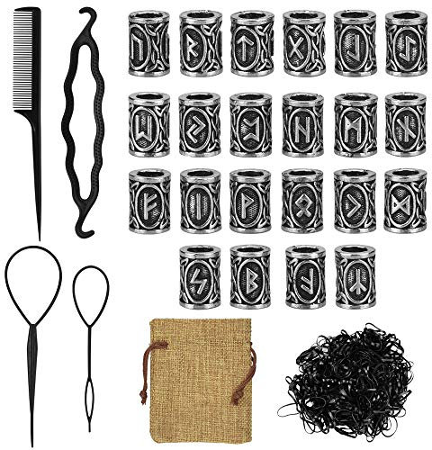 DECARETA 24 Stück Bartperle Wikinger Rune Bart Perlen 10*13mm Nordische Haarperlen Bartschmuck Flechten Runenperlen mit Clip und 400 Schwarze Gummibänder mit Beutel für Armband Halskette DIY Anhänger