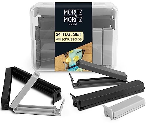 Moritz & Moritz 24 x Pinzas Bolsas Alimentos - Pinzas Cocina Bolsas Clip - Cierra Bolsas Plastico in Caja Transparente - 3 Colores (Negro, Gris)