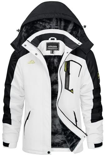 KEFITEVD Winterjacke Damen Warm Gefüttert Übergangsjacke Fleece Dicke Skijacke mit Abnehmbarer Kapuze und Reißverschlusstaschen Winddicht Winter Snowboardjacke