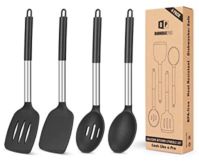 Set di 4 utensili da cucina in silicone, antiaderenti, grandi spatole solide, resistenti al calore, ideali per friggere, miscelare, servire, scolare, tornire, mescolare