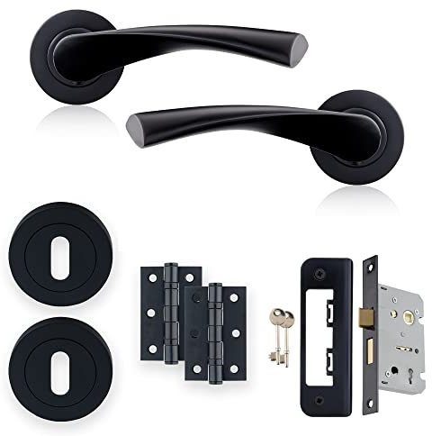 XFORT: Poignées noires mates, ensemble de serrure à levier sur rosace, avec charnières à roulements à billes, cache serrure et serrure à guillotine, idéal pour les portes intérieures en bois.